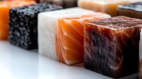 Fresh cubes of raw fish including salmon, tuna and white fish arranged in row with selective focus, showing texture and natural colors for sushi preparation.