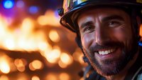 Smiling firefighter in protective helmet against blurred fire background, warm bokeh lights create dramatic atmosphere. Professional emergency service portrait.