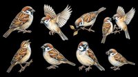Eight detailed sparrow illustrations in various poses, isolated on transparent background. Ready for clipart, stickers, t-shirt design, print on demand, and sublimation projects.