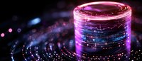 Glowing pink and blue holographic cylinder with digital data streams and light particles creating futuristic technology visualization on dark background.
