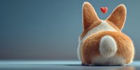 Adorable corgi dog rear view with fluffy bottom and heart floating above, symbolizing pet love and companionship on blue background.