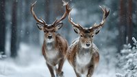 Two majestic reindeer with impressive antlers standing in snowy winter forest during gentle snowfall, creating magical woodland atmosphere for holiday content.