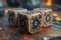 Ornate vintage dice with intricate golden patterns on dark faces, wooden table surface with warm ambient lighting creating atmospheric gaming mood.