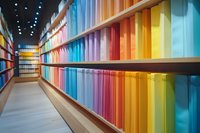 Colorful fabric or paper samples arranged by spectrum on wooden shelves in retail store, creating vibrant rainbow display for interior design or craft projects.