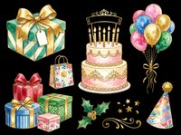 Celebration gift boxes, tiered birthday cake, colorful balloons, party hat, and festive decorations isolated on transparent background. Ready for t-shirts, stickers, clipart, print-on-demand, and sublimation designs.