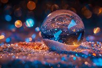 Crystal ball on glittering surface with magical blue and orange bokeh lights creating dreamy atmosphere. Mystical glass sphere reflects ethereal glow in dark setting.