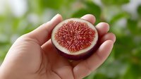 Fresh ripe fig cut in half showing red flesh and seeds held in cupped hands with green garden background for healthy eating and organic fruit concepts.