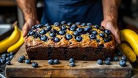 Fresh baked chocolate banana bread topped with ripe blueberries on rustic wooden board, hands holding homemade loaf cake, bright yellow bananas in background.