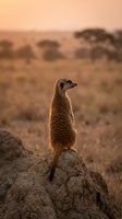 Meerkat standing alert on a termite mound at golden sunset in the African savanna, warm light illuminating its fur against a dry grassland backdrop.
