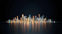 Modern city skyline with illuminated skyscrapers reflecting on water surface at night creating urban business district panorama for corporate presentations.