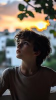 Young person gazing upward at sunset through tree leaves, backlit profile portrait capturing wonder and curiosity in natural lighting with bokeh effects.