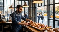 Middle-aged Caucasian male baker arranging fresh artisan bread and pastries on wooden counter in modern bakery with large windows and pendant lighting.