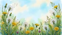 Watercolor meadow with yellow dandelions and fluffy seed heads against a soft blue sky, seeds floating in the breeze, lush green grass border.