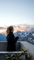 Woman with long blonde hair wearing black jacket standing at concrete railing overlooking snow-capped mountain range at sunset, suitable for travel, lifestyle, and adventure marketing.