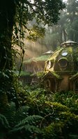 Abandoned futuristic dwelling overgrown with moss and vines in misty forest, surrounded by dense vegetation and towering trees, suitable for fantasy and sci-fi concepts.