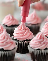 Pink buttercream frosting being piped onto chocolate cupcakes in swirled peaks, close-up view showing decorating technique and multiple finished cupcakes.