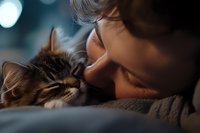 Young woman with closed eyes gently nuzzling sleeping tabby cat in cozy evening light creating intimate bonding moment between pet owner and feline companion.
