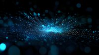 Glowing blue particles explosion with bokeh effect on dark background, dynamic motion of light dots spreading from center creating cosmic atmosphere.