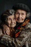 Two elderly Caucasian women embracing and smiling warmly at camera, wearing vintage style clothing with floral patterns and headwear, showing genuine friendship and joy.