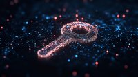 Glowing digital key shape with particles on dark background creates futuristic cybersecurity concept visualization. Modern network protection symbol.