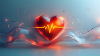 Red glowing heart with electrocardiogram pulse line floating in ethereal atmosphere with light waves and bubbles, medical and healthcare concept background.