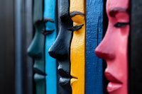 Colorful sculptural faces in profile mounted on vertical bars create artistic pattern with teal, yellow, blue and pink tones showing diversity and unity in design.