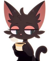 Sleepy black cat character holding coffee cup with tired expression and half-closed eyes on white background, cartoon style illustration for stickers and merchandise.