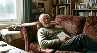 Senior Caucasian man with white beard relaxing on vintage floral sofa in cozy home library with bookshelves, perfect for retirement lifestyle content.