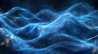 Glowing blue waves of light and energy flow through dark space with sparkling particles creating magical atmospheric effect against black background.