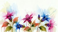 Watercolor flowers in vibrant pink, blue and orange hues with dripping paint effects on white background for artistic designs and decor projects.