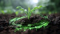 Young green plant seedling growing from soil with glowing digital circle effect, representing agricultural technology and smart farming innovation in nature.