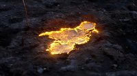 Molten lava flowing through rocky volcanic terrain with bright orange and yellow glowing magma creating dramatic natural fire patterns against dark stone surface.