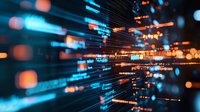 Abstract technology background with glowing blue data streams and orange bokeh lights creating dynamic motion effect in dark space. Digital transformation concept.