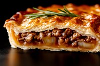 Closeup of savory meat pie slice with flaky puff pastry, ground beef filling, caramelized onions and fresh rosemary garnish on dark background, food photography.