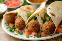 Crispy falafel wrapped in soft pita bread with fresh herbs, diced tomatoes and parsley garnish on white plate, middle eastern vegetarian street food.