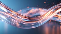 Abstract flowing wave with glowing light streaks and particles in blue and coral colors creates dynamic motion effect against blurred background.