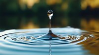 Mesmerizing water drop captured at peak moment creating concentric ripples on calm surface with golden bokeh background, macro photography for wellness concepts.