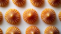 Rows of golden orange striped butter cookies arranged in neat pattern on white background, showcasing detailed ridged texture and uniform circular shapes.