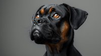Close up portrait of Rottweiler dog with amber eyes looking up against dark background, dramatic lighting highlights facial features and glossy black coat.