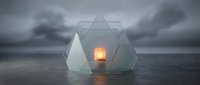 Geometric dome structure with glowing warm light inside, floating on dark water under stormy cloudy sky, symbolizing hope and shelter in harsh conditions.