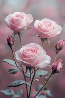 Delicate pink roses bloom with soft petals against blurred background, surrounded by unopened buds and green leaves, creating romantic floral composition.