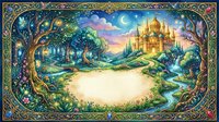 Enchanted fairy tale landscape with magical castle, ancient tree, crescent moon and ornate golden border frame for fantasy storytelling and design projects.
