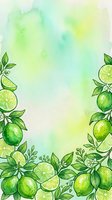 Watercolor lime and citrus fruits with green leaves border frame on soft pastel background, isolated design for invitations, packaging, and creative projects.