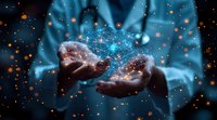 Glowing digital brain hologram floating between hands against dark background with light effects and particles, representing artificial intelligence and future technology.
