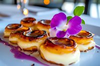 Caramelized creme brulee desserts garnished with vibrant purple orchid flower on white plate, showcasing golden brown burnt sugar topping and creamy texture.