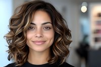 Young mixed race woman with wavy brown highlighted hair and natural makeup smiling warmly at camera wearing black top, soft blurred background.