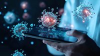 Microscopic virus cells floating over digital tablet screen in blue tones, showing modern healthcare technology and medical research visualization.