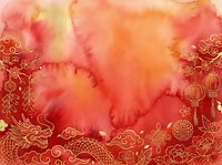 Watercolor wash in warm red, pink, and gold tones with ornamental Asian-inspired border design, suitable for backgrounds, greeting cards, and festive event materials.