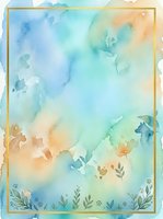 Watercolor background with soft blue, turquoise, and peachy tones, featuring delicate botanical elements and a gold frame border. Isolated on white, ready for design projects, invitations, and creative layouts.