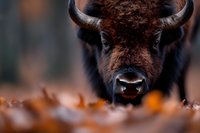 Close-up portrait of European bison with intense gaze among autumn leaves in natural forest habitat for wildlife photography and nature documentation.